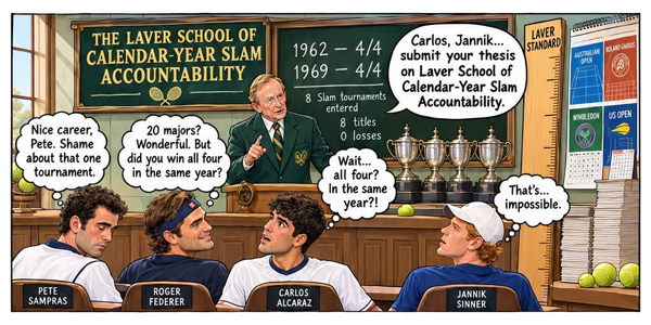 An illustrated tennis comic showing coach Rod Laver teaching Pete Sampras, Roger Federer, Carlos Alcaraz, and Jannik Sinner in a classroom filled with Grand Slam trophies and tournament posters. The chalkboard lists Laver�s calendar-year Grand Slams in 1962 and 1969, while the four players react with disbelief to the challenge of winning all four major titles in one year.