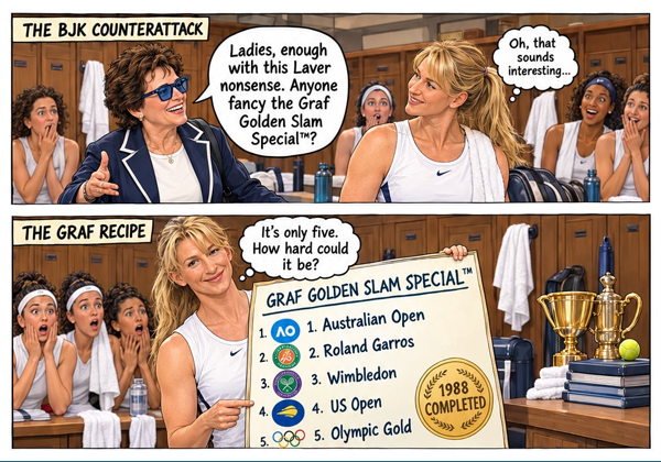 Two-panel tennis comic featuring an illustrated Billie Jean King, and Steffi Graf holding a board titled 'Graf Golden Slam Special.' The list includes the Australian Open, French Open, Wimbledon, US Open, and Olympic gold, with a gold medal marked '1988 Completed.' Here, Graf shows off the Golden Slam with other players in a locker room.