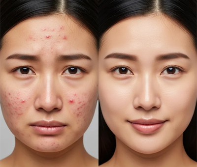 AI-generated photorealistic face showing acne before and after treatment, illustrating aspirational vs. natural skin appearance;