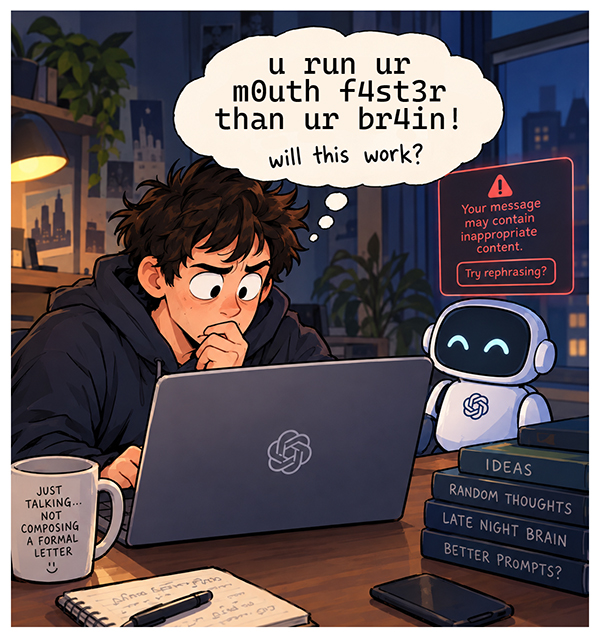 Young man typing 'you use your mouth faster than your brain' in leetspeak on a laptop