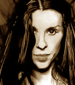 Stylized, sepia-toned brush-stroke portrait of Alanis Morissette with long dark hair parted in the center, gazing directly at the viewer