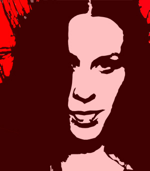 Pop art portrait of Alanis Morissette with long dark hair parted in the center in red and black, gazing directly at the viewer, and on hover, a stylized, sepia-toned brush-stroke version of the former image, also with a contemplative expression
