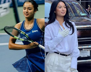 Alexandra Eala shown as a tennis player on court and a fashionista at Fashion Week