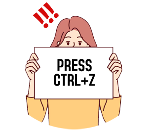 Vector image of a woman holding a white poster with PRESS CONTROL-Z printed on it in black, which changes to 'oops!' on hover