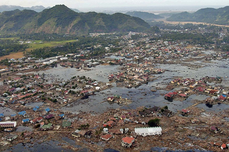 Village near Sumatra coast destroyed after the 2004 Boxing Day tsunami