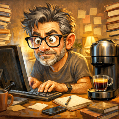 Digital painting caricature of a home freelancer with glasses and salt-and-pepper beard at his computer desk, tall book stacks around him and a designer coffee machine positioned beside him. Created by the author using AI prompts.