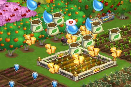 FarmVille 2 screenshot detail showing plots with Crimean Irises fully displaced by the crop field, revealing the previously used water and fertilizer units