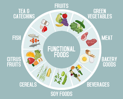 Illustrated graphic showing a selection of functional foods including fruits and berries, green vegetables, cereals, tea and catechins, soy, fish, and meat to highlight food as wellness
