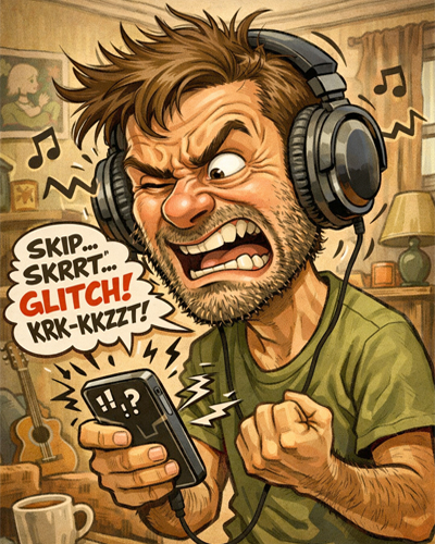 Caricature of a frustrated man with day-old beard wearing headphones, holding a phone, annoyed as his music glitches. Created by the author using AI prompts.