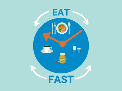 Illustrated graphic showing a simple meal setting with a clock and a glass of water, representing intermittent fasting as a time-based eating pattern