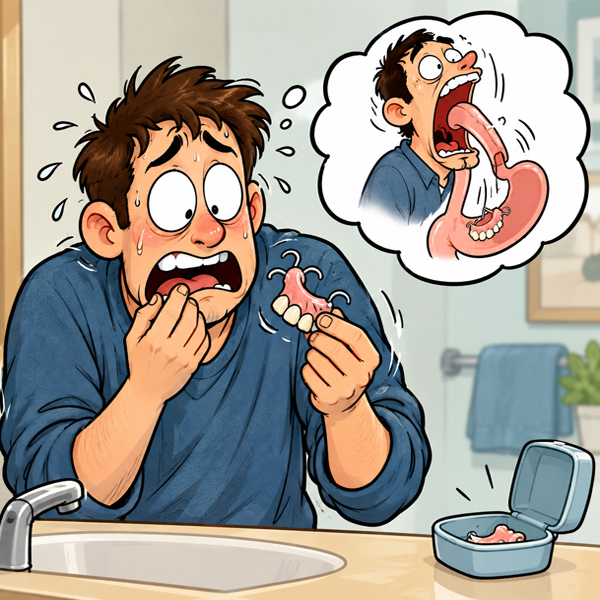 Cartoon of a panicked man examining a loose dental appliance in his bathroom. A thought bubble shows the appliance being swallowed and traveling toward an exaggerated stomach.