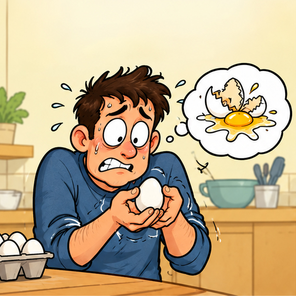 Cartoon of a nervous man carefully holding an egg in both hands in a kitchen, sweating and looking worried. A thought bubble shows the egg cracked open with its contents spilled on the counter.