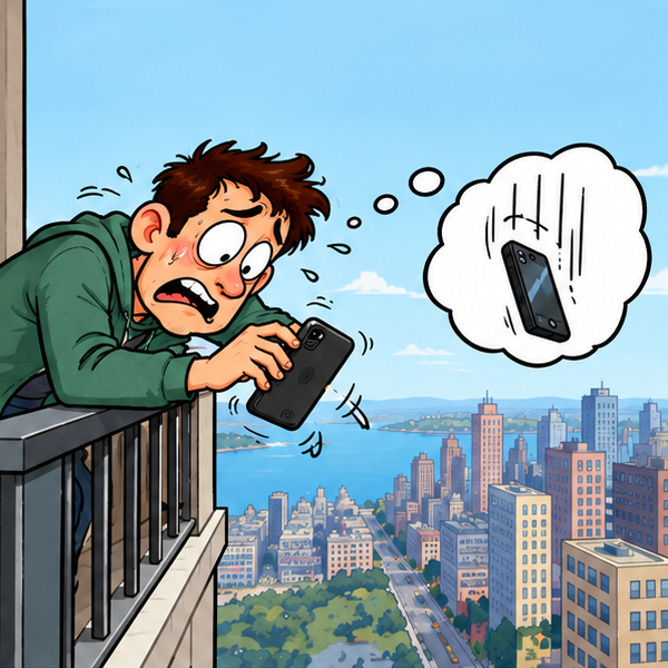 Cartoon of a nervous man leaning over a balcony while holding a smartphone above the railing. A thought bubble shows the phone falling toward the city far below.