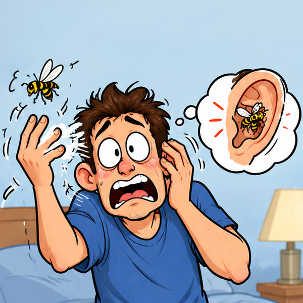 Cartoon of a terrified man frantically swatting at a flying wasp near his ear. A thought bubble shows the wasp inside his ear, illustrating the imagined mishap.