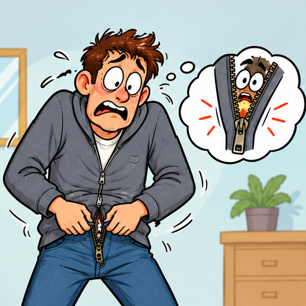 Cartoon of a startled man nervously operating the zipper of his pants. A thought bubble shows the zipper closing on an exaggeratedly worried face, illustrating his fear of getting caught.