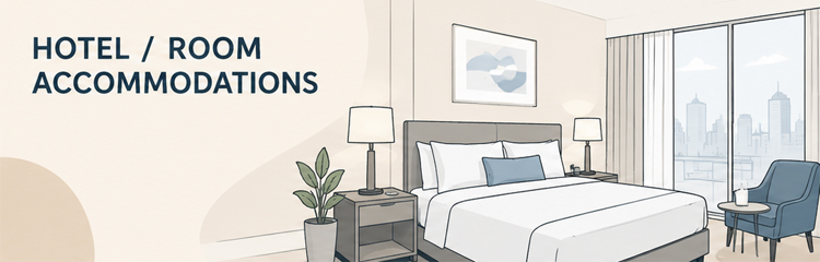 Illustration of a modern hotel room with a neatly made bed, bedside tables and lamps, armchair, plant, artwork, and large windows overlooking a city skyline.