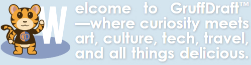 GD the GruffDraft mascot and the introduction - 'Welcome to GruffDraft, where curiosity meets art, culture, tech, travel, and all things delicious.'