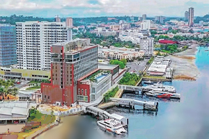 View of waterfront development and jetties in the island city of Batam