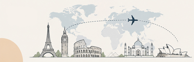 Illustration of world travel featuring a map of the world, airplane route, and iconic landmarks including the Eiffel Tower, Big Ben, Colosseum, Taj Mahal, and Sydney Opera House.